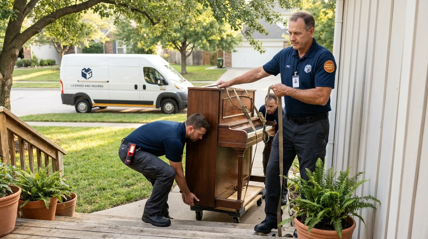 Licensed piano movers securing grand piano in Alliance, NE