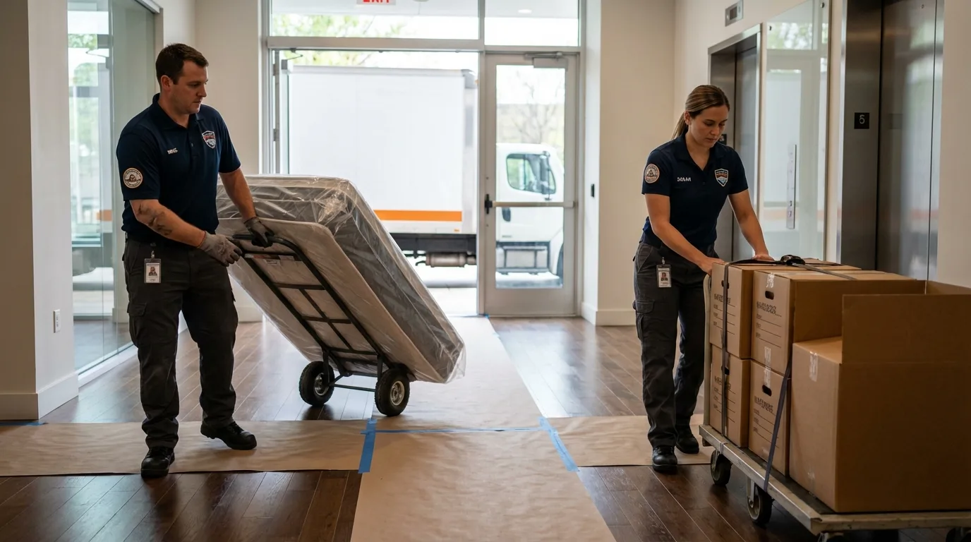 Professional apartment movers loading elevator in Alliance, NE